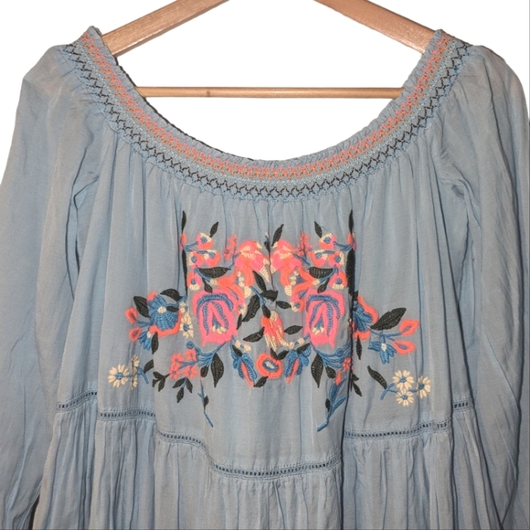 Free People Sunbeams Embroidered Boho Off Shoulder 3/4 Sleeve Lined Mini Dress - Picture 5 of 13